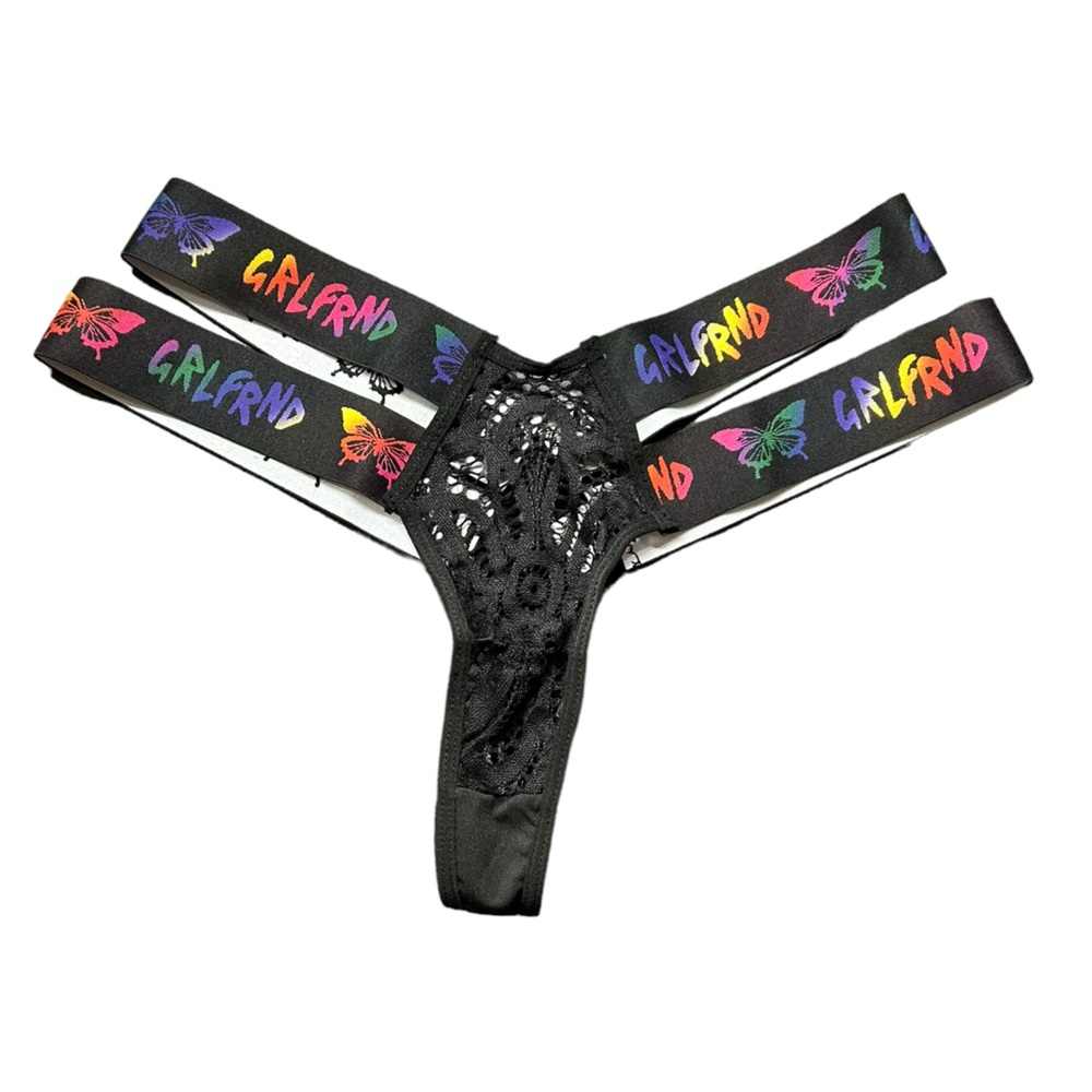 GRLFRND womens black butterfly exotic wear under thong panties size L NWT